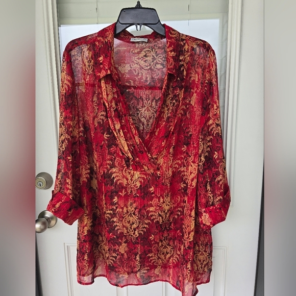 Catherines Sheer Tunic Top 2X Plus Womens 3/4 Sleeve Orange Paisely Open Front - Picture 4 of 15
